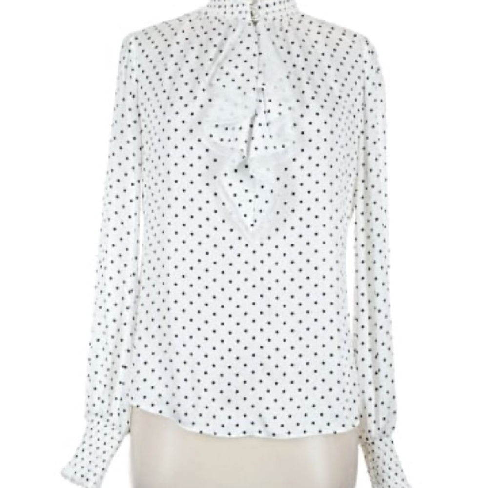 White House Black Market Black and White Polka Dot Blouse with ruffle collar 14